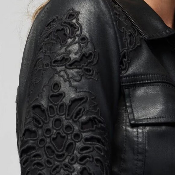 WHBM $220 Cutwork Coated Denim Flirty Jacket Leather look M - Picture 5 of 9